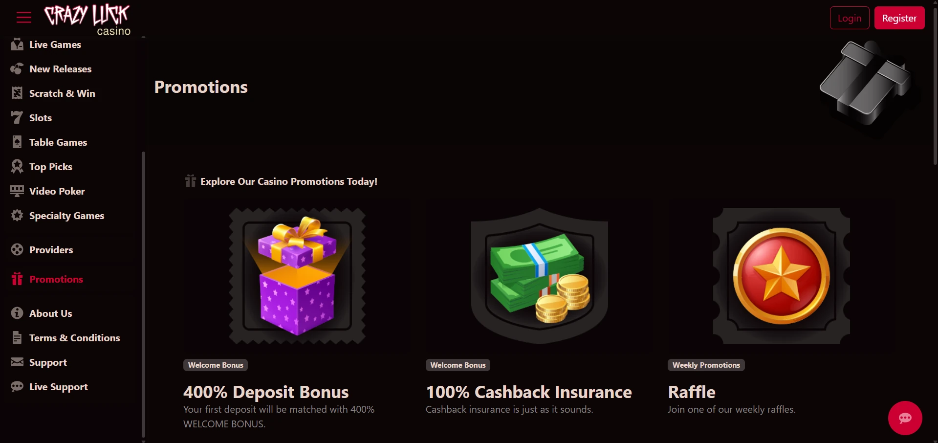 Crazy Luck promotions page with the first-deposit welcome offer