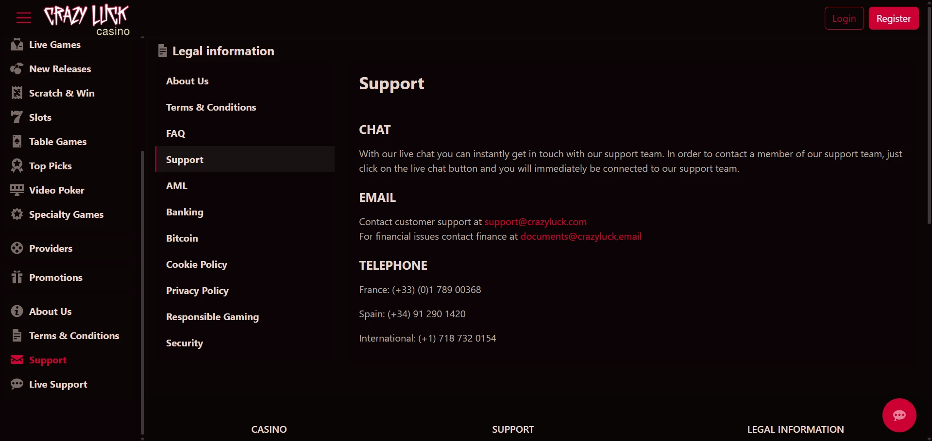 Crazy Luck contact options with the live chat window